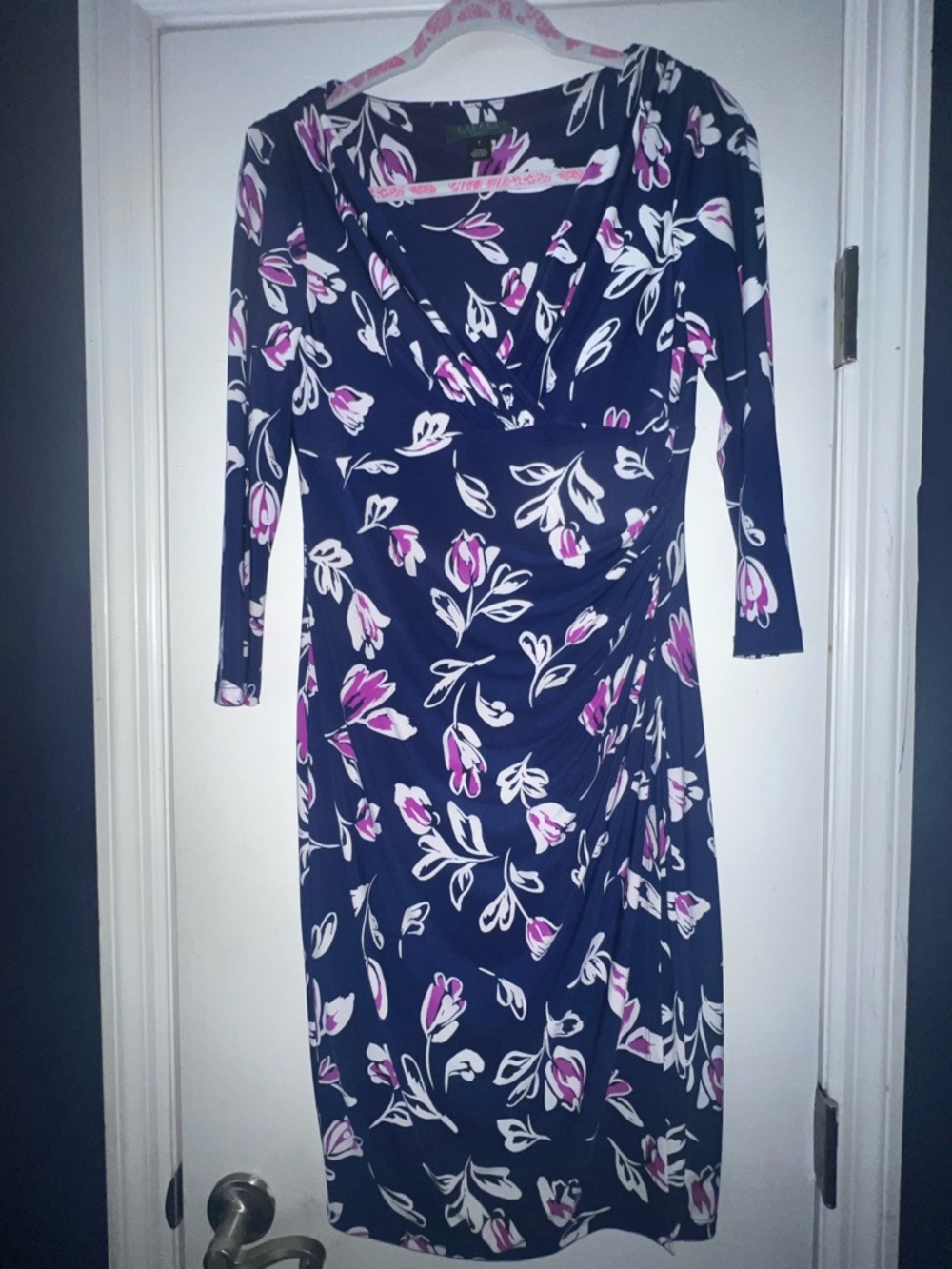 Ralph Lauren Navy Floral Ruched Faux Wrap Dress with Pink & White Blooms